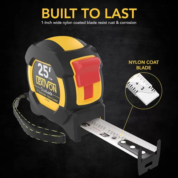 imageLEXIVON 2Pack 25Ft75m DuaLock Tape Measure  1Inch Wide Blade with Nylon Coating Matt Finish White ampamp Yellow Dual Sided Rule Print  FtInchFractionsMetric LX2024Pack