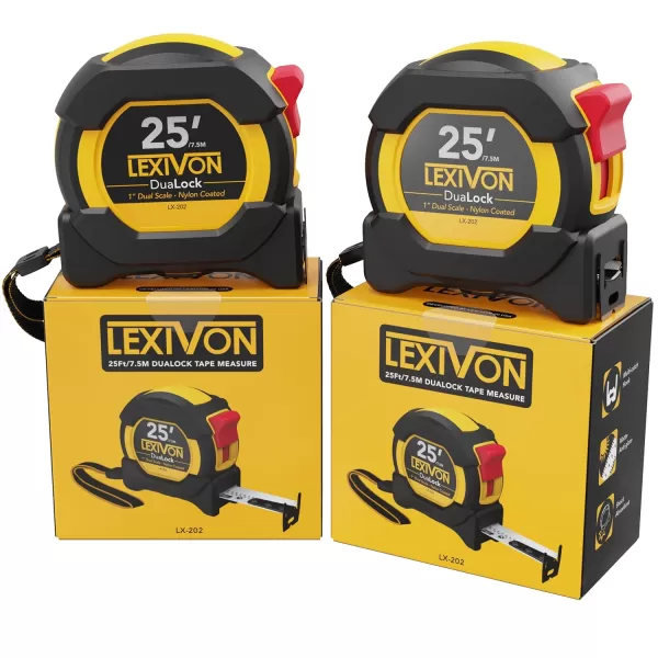 imageLEXIVON 2Pack 25Ft75m DuaLock Tape Measure  1Inch Wide Blade with Nylon Coating Matt Finish White ampamp Yellow Dual Sided Rule Print  FtInchFractionsMetric LX2022Pack
