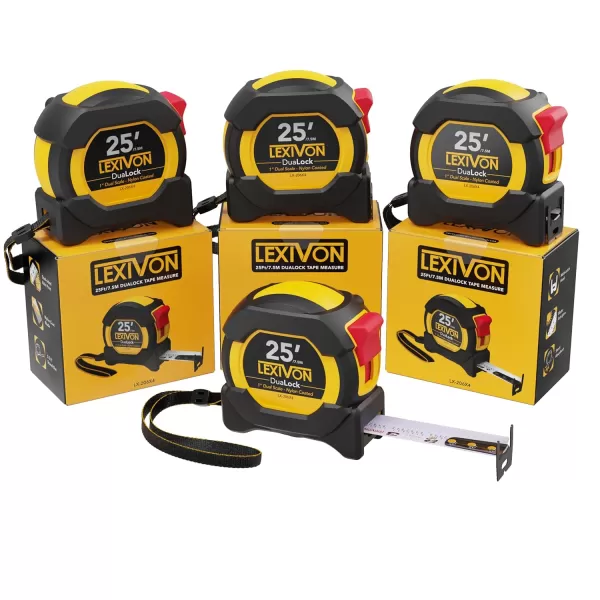 imageLEXIVON 2Pack 25Ft75m DuaLock Tape Measure  1Inch Wide Blade with Nylon Coating Matt Finish White ampamp Yellow Dual Sided Rule Print  FtInchFractionsMetric LX2024Pack
