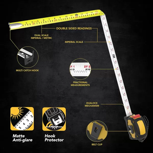 imageLEXIVON 2Pack 25Ft75m DuaLock Tape Measure  1Inch Wide Blade with Nylon Coating Matt Finish White ampamp Yellow Dual Sided Rule Print  FtInchFractionsMetric LX2024Pack