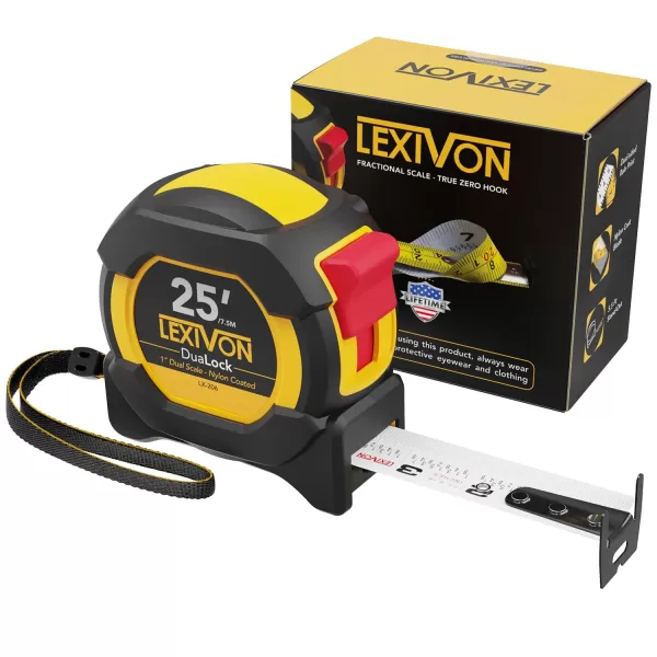 imageLEXIVON 2Pack 25Ft75m DuaLock Tape Measure  1Inch Wide Blade with Nylon Coating Matt Finish White ampamp Yellow Dual Sided Rule Print  FtInchFractionsMetric LX2021Pack