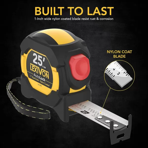 imageLEXIVON 2Pack 25Ft75m DuaLock Tape Measure  1Inch Wide Blade with Nylon Coating Matt Finish White ampamp Yellow Dual Sided Rule Print  FtInchFractionsMetric LX2024Pack