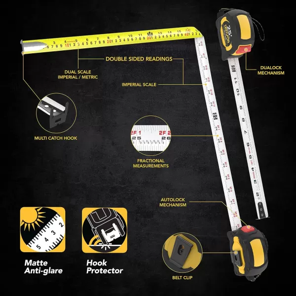 imageLEXIVON 2Pack 25Ft75m Tape Measure DuaLock ampamp AutoLock  1Inch Wide Blade with Nylon Coating Matt Finish White ampamp Yellow Dual Sided Rule Print  FtInchFractionsMetric LX2044PK25FT DuaLock  AutoLock
