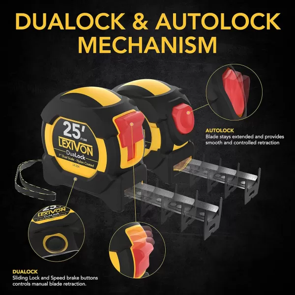 imageLEXIVON 2Pack 25Ft75m Tape Measure DuaLock ampamp AutoLock  1Inch Wide Blade with Nylon Coating Matt Finish White ampamp Yellow Dual Sided Rule Print  FtInchFractionsMetric LX2044PK25FT DuaLock  AutoLock