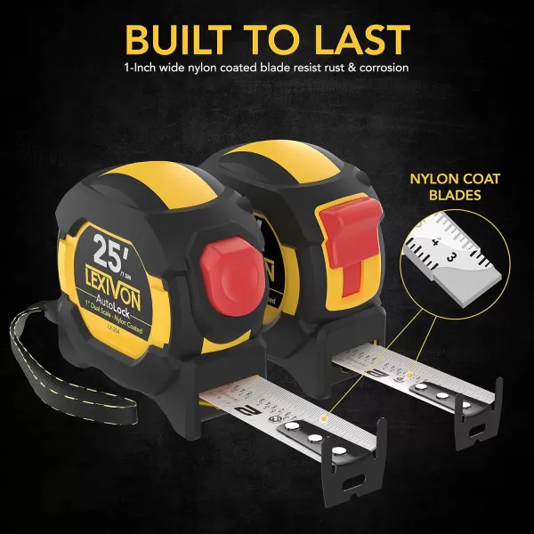 imageLEXIVON 2Pack 25Ft75m Tape Measure DuaLock ampamp AutoLock  1Inch Wide Blade with Nylon Coating Matt Finish White ampamp Yellow Dual Sided Rule Print  FtInchFractionsMetric LX2042PK25FT DuaLock  AutoLock