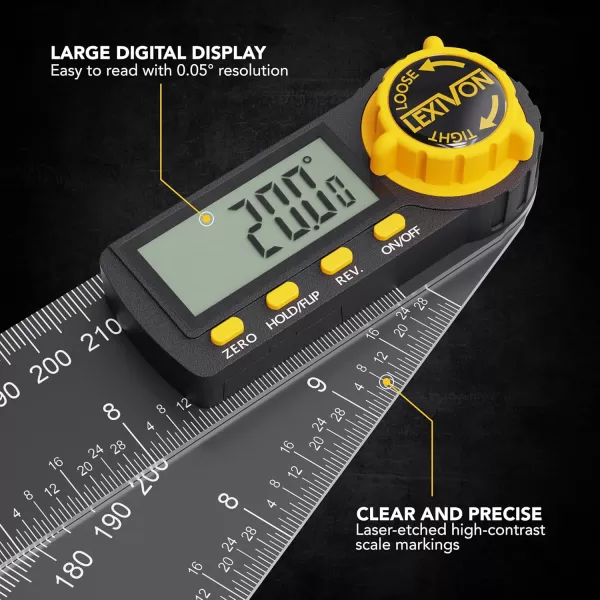imageLEXIVON Aluminum Digital Angle Finder Gauge 10inch250mm MultiPurpose Protractor Includes XL Display and Rugged Zippered Pouch LXDAF1010inch250mm