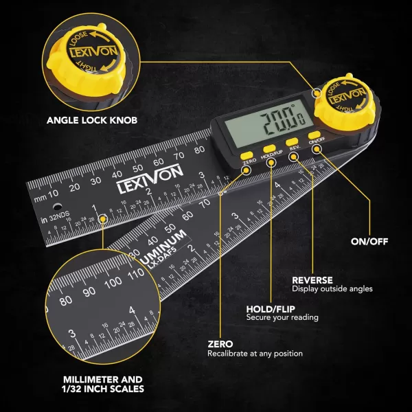 imageLEXIVON Aluminum Digital Angle Finder Gauge 10inch250mm MultiPurpose Protractor Includes XL Display and Rugged Zippered Pouch LXDAF105inch130mm
