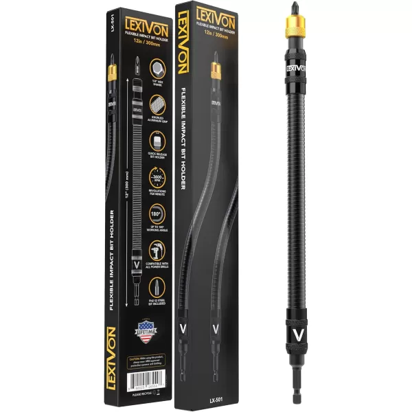 imageLEXIVON Drill Bit Holder 12Inch Flexible Extension QuickRelease with 14Inch Hex Shank  Rated for 3600 RPM Guaranteed High Performance LX50112 Flexible Bit Holder