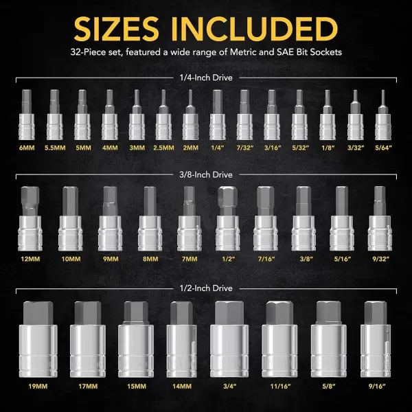 imageLEXIVON Master HEX Bit Socket Set Complete 32Piece made from Premium S2 Alloy Steel  Impact Grade Socket Adapter Set 3quot Extension Bit With Holder  3Piece 14quot 38quot and 12quot Drive