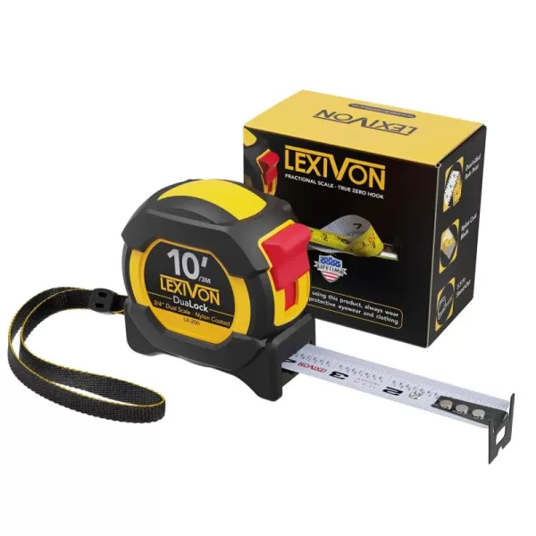 imageLEXIVON 10Ft3m DuaLock Tape Measure  34Inch Wide Blade with Nylon Coating Matte Finish White ampamp Yellow Dual Sided Rule Print  FtInchFractionsMetric LX2003 m