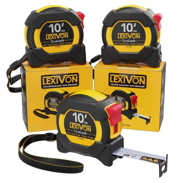 imageLEXIVON 10Ft3m DuaLock Tape Measure  34Inch Wide Blade with Nylon Coating Matte Finish White ampamp Yellow Dual Sided Rule Print  FtInchFractionsMetric LX2003PK10FT DuaLock