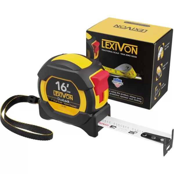 imageLEXIVON 2Pack 16Ft5m DuaLock Tape Measure  1Inch Wide Blade with Nylon Coating Matt Finish White ampamp Yellow Dual Sided Rule Print  FtInchFractionsMetric LX20816FT DuaLock