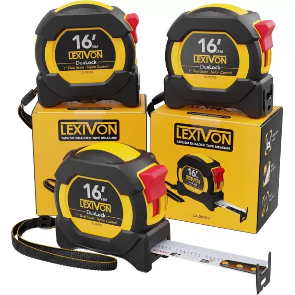 imageLEXIVON 2Pack 16Ft5m DuaLock Tape Measure  1Inch Wide Blade with Nylon Coating Matt Finish White ampamp Yellow Dual Sided Rule Print  FtInchFractionsMetric LX2083PK16FT DuaLock