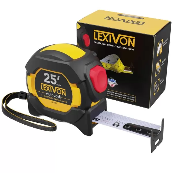 imageLEXIVON 2Pack 25Ft75m DuaLock Tape Measure  1Inch Wide Blade with Nylon Coating Matt Finish White ampamp Yellow Dual Sided Rule Print  FtInchFractionsMetric LX2021Pack
