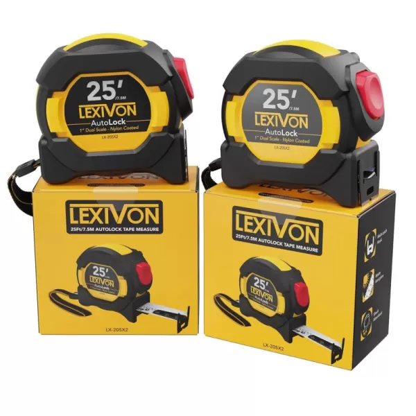 imageLEXIVON 2Pack 25Ft75m DuaLock Tape Measure  1Inch Wide Blade with Nylon Coating Matt Finish White ampamp Yellow Dual Sided Rule Print  FtInchFractionsMetric LX2022Pack