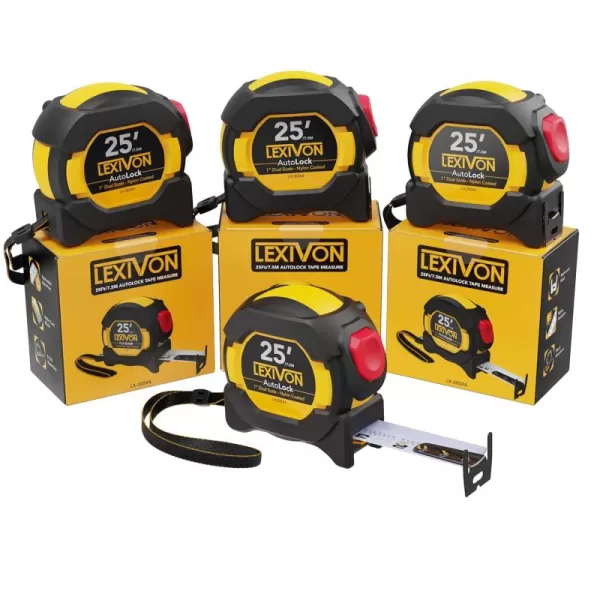 imageLEXIVON 2Pack 25Ft75m DuaLock Tape Measure  1Inch Wide Blade with Nylon Coating Matt Finish White ampamp Yellow Dual Sided Rule Print  FtInchFractionsMetric LX2024Pack