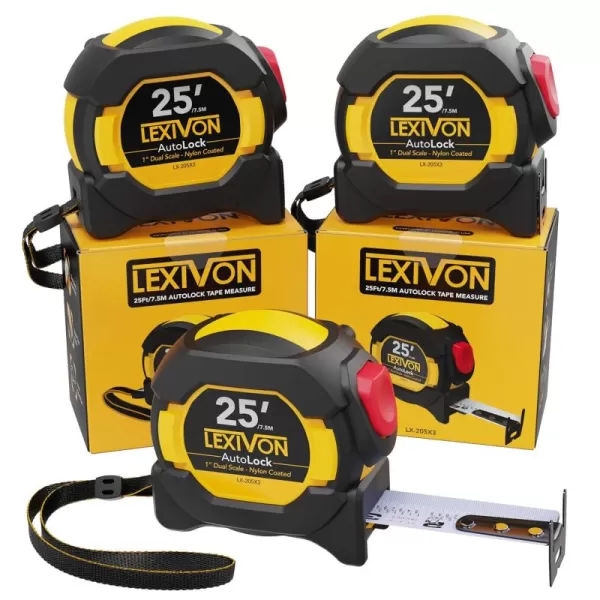 imageLEXIVON 2Pack 25Ft75m DuaLock Tape Measure  1Inch Wide Blade with Nylon Coating Matt Finish White ampamp Yellow Dual Sided Rule Print  FtInchFractionsMetric LX2023Pack