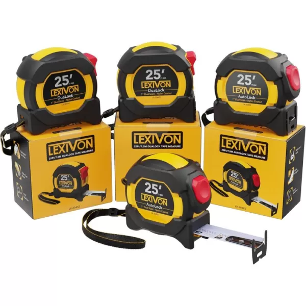 imageLEXIVON 2Pack 25Ft75m Tape Measure DuaLock ampamp AutoLock  1Inch Wide Blade with Nylon Coating Matt Finish White ampamp Yellow Dual Sided Rule Print  FtInchFractionsMetric LX2044PK25FT DuaLock  AutoLock