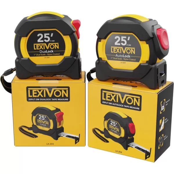 imageLEXIVON 2Pack 25Ft75m Tape Measure DuaLock ampamp AutoLock  1Inch Wide Blade with Nylon Coating Matt Finish White ampamp Yellow Dual Sided Rule Print  FtInchFractionsMetric LX2042PK25FT DuaLock  AutoLock