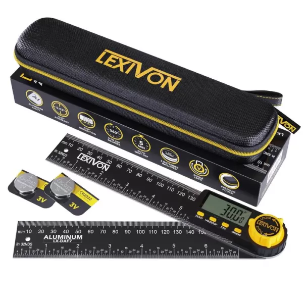 imageLEXIVON Aluminum Digital Angle Finder Gauge 10inch250mm MultiPurpose Protractor Includes XL Display and Rugged Zippered Pouch LXDAF107inch180mm