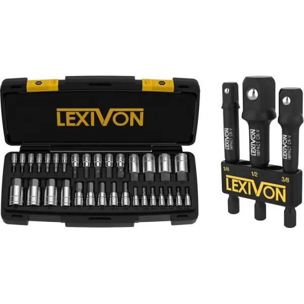 imageLEXIVON Master HEX Bit Socket Set Complete 32Piece made from Premium S2 Alloy Steel  Impact Grade Socket Adapter Set 3quot Extension Bit With Holder  3Piece 14quot 38quot and 12quot Drive