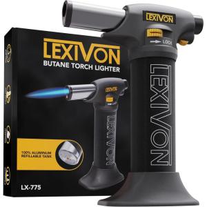 imageLEXIVON Butane Torch Lighter Refillable Kitchen Cooking Torch  SelfIgniting with Safety Lock and Adjustable Flame  ProGrade Aluminum Tank LX775