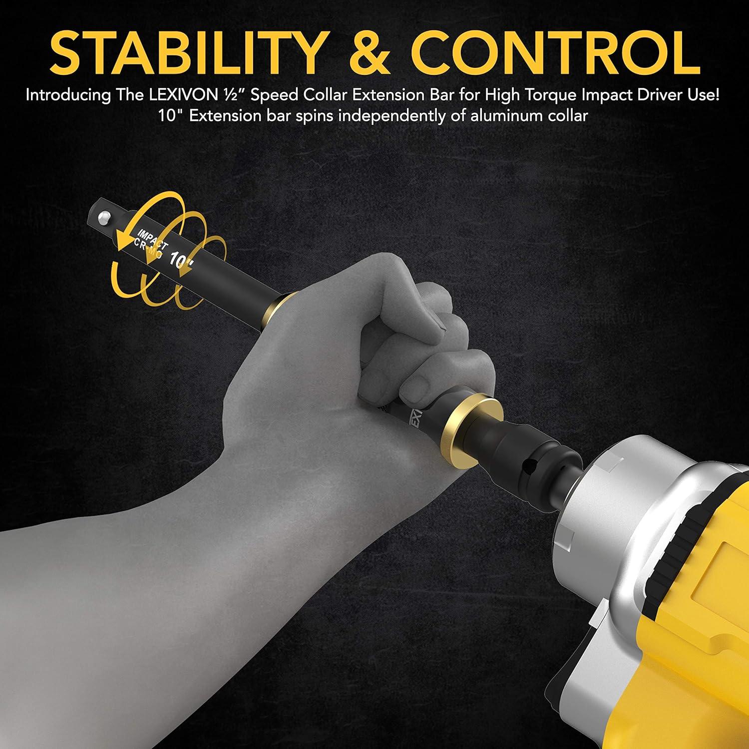 imageLEXIVON 10Inch Speed Collar Extension Bar and 12Inch Lug Nut Impact Socket Set  6 Total Lug Nut Sizes CrMo Steel  Fully Impact Grade