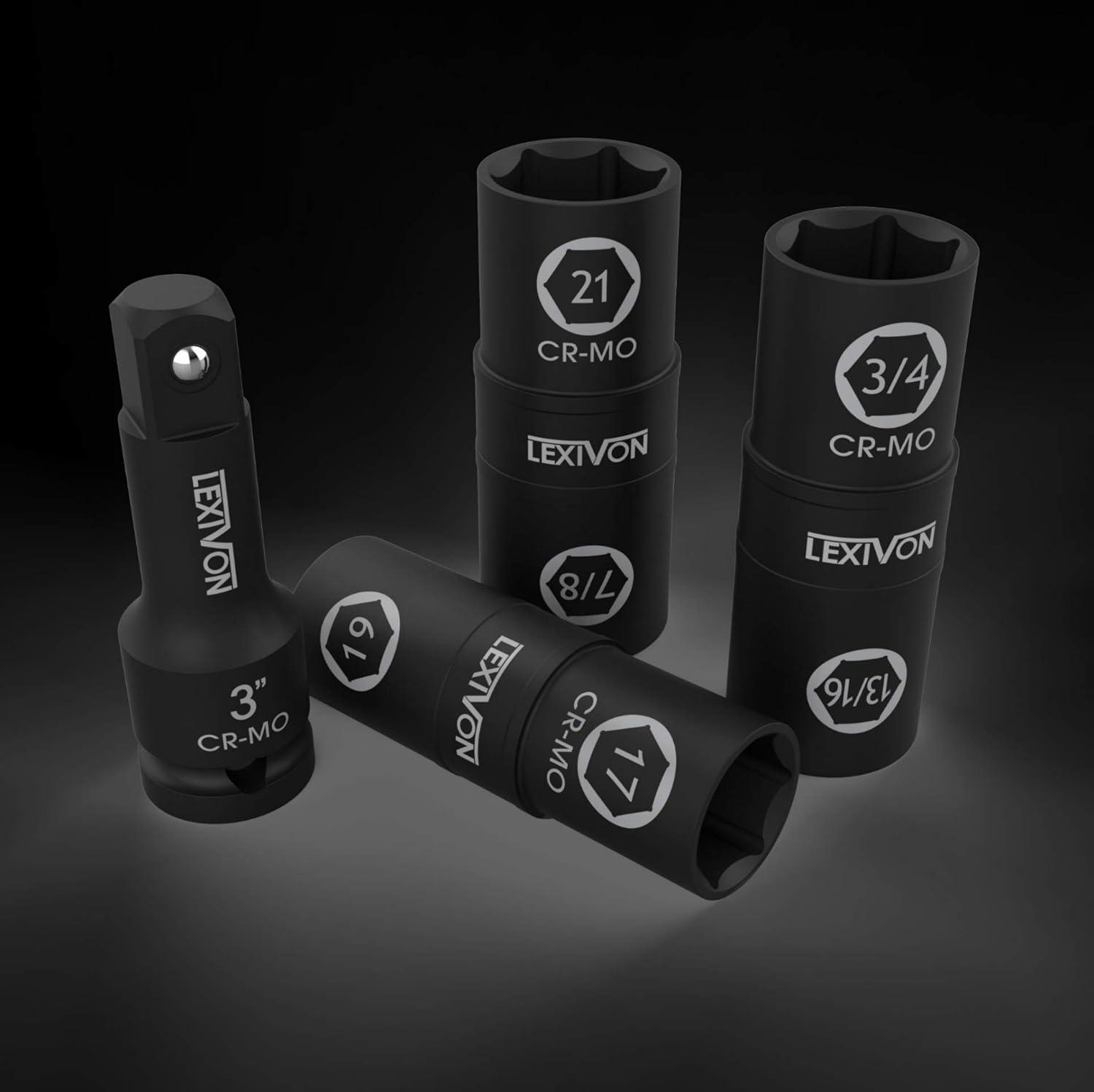 imageLEXIVON 10Inch Speed Collar Extension Bar and 12Inch Lug Nut Impact Socket Set  6 Total Lug Nut Sizes CrMo Steel  Fully Impact Grade