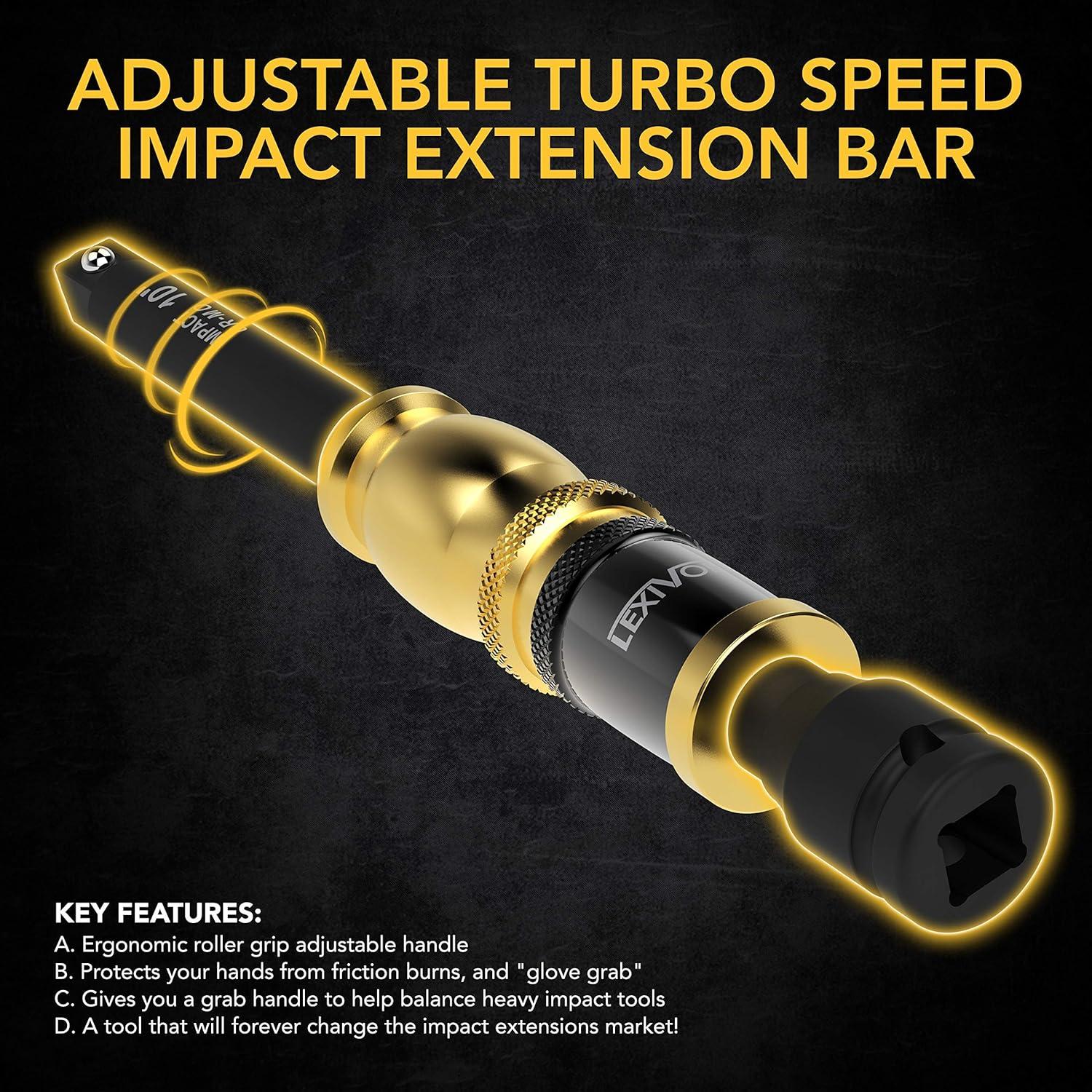 imageLEXIVON 10Inch Speed Collar Extension Bar and 12Inch Lug Nut Impact Socket Set  6 Total Lug Nut Sizes CrMo Steel  Fully Impact Grade