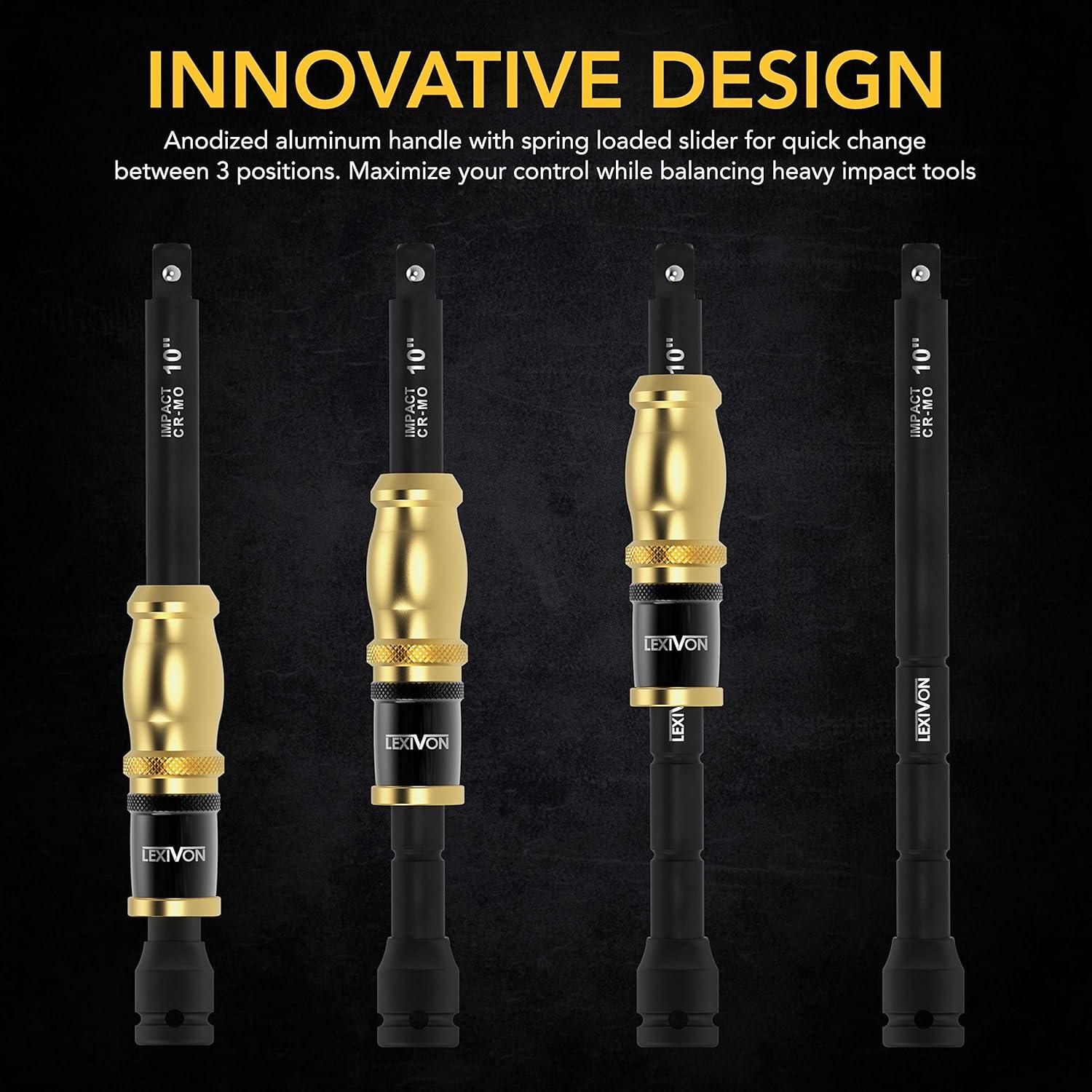 imageLEXIVON 10Inch Speed Collar Extension Bar and 12Inch Lug Nut Impact Socket Set  6 Total Lug Nut Sizes CrMo Steel  Fully Impact Grade