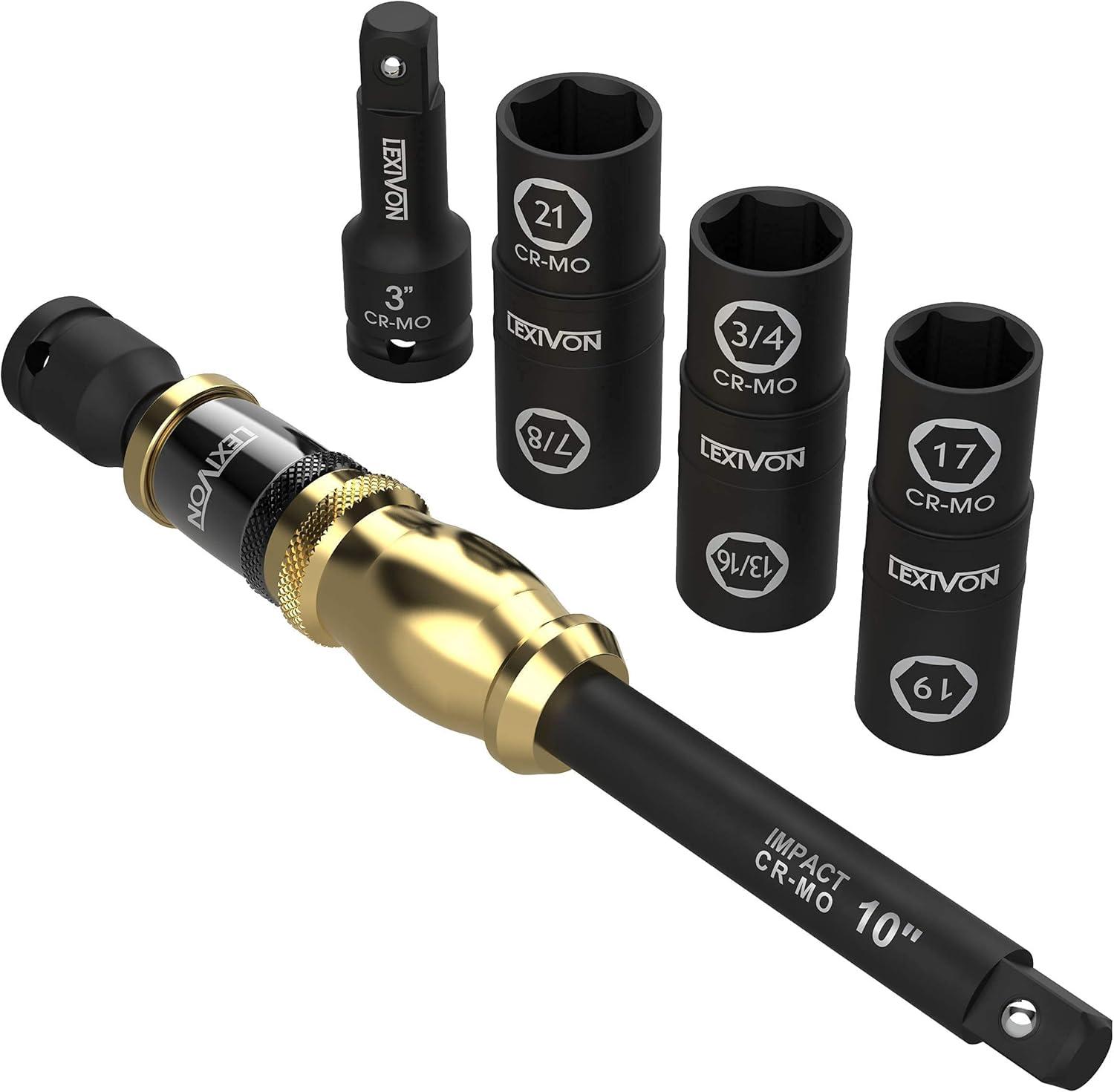 imageLEXIVON 10Inch Speed Collar Extension Bar and 12Inch Lug Nut Impact Socket Set  6 Total Lug Nut Sizes CrMo Steel  Fully Impact Grade