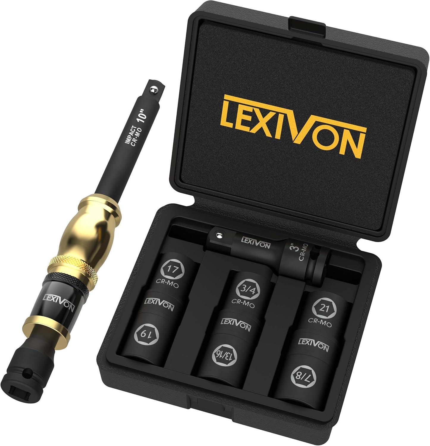 imageLEXIVON 10Inch Speed Collar Extension Bar and 12Inch Lug Nut Impact Socket Set  6 Total Lug Nut Sizes CrMo Steel  Fully Impact Grade