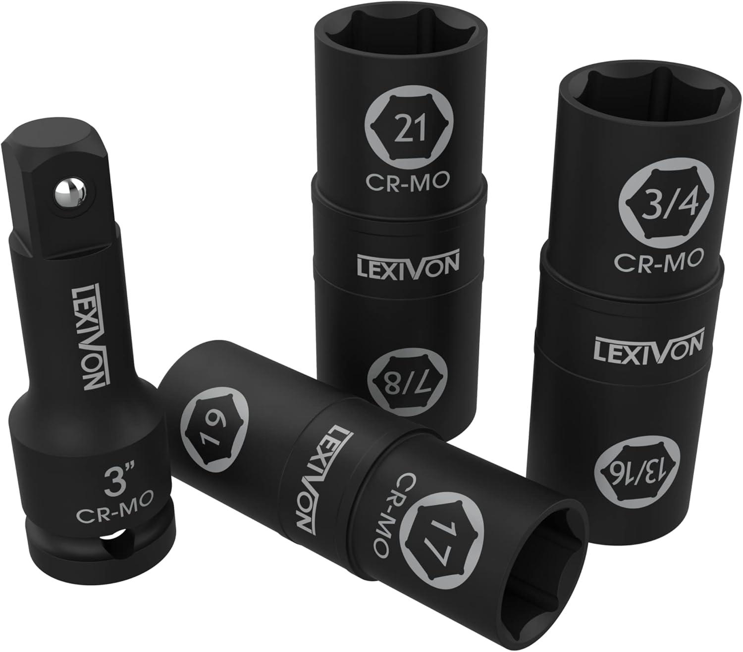 imageLEXIVON 12Inch Drive Click Torque Wrench 10150 FtLb1362035 Nm  Set of 12Inch Flip Impact Socket 6 Total Lug Nut Sizes
