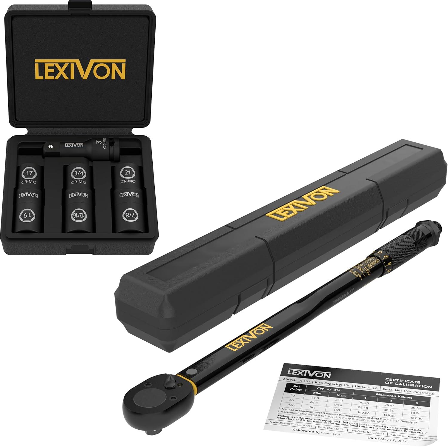 imageLEXIVON 12Inch Drive Click Torque Wrench 10150 FtLb1362035 Nm  Set of 12Inch Flip Impact Socket 6 Total Lug Nut Sizes