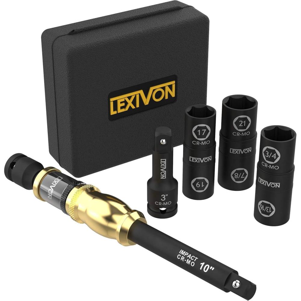 imageLEXIVON 10Inch Speed Collar Extension Bar and 12Inch Lug Nut Impact Socket Set  6 Total Lug Nut Sizes CrMo Steel  Fully Impact Grade