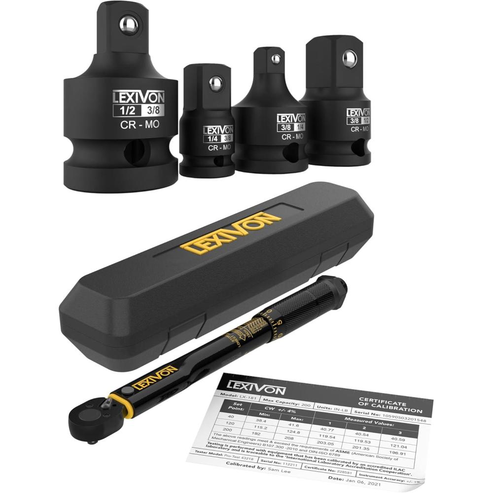 imageLEXIVON Inch Pound Torque Wrench 14Inch And Piece Set  14quot  38quot  12quot Impact Driver