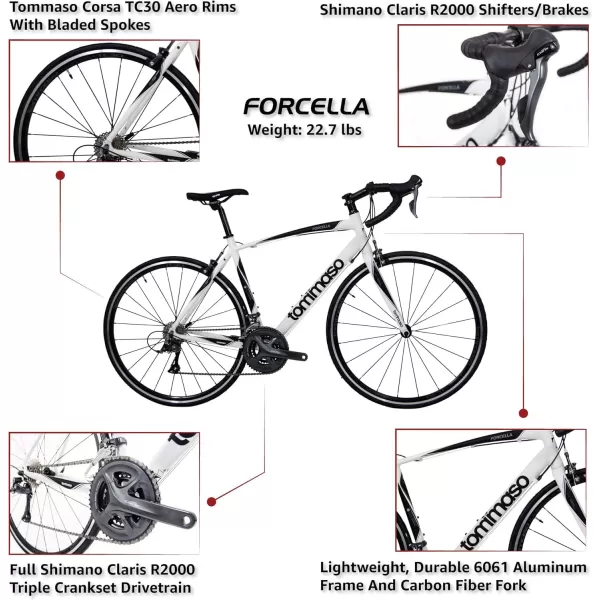 imageTommaso Forcella Endurance Aluminum Road Bike Carbon Fork Shimano Claris R2000 24 Speeds Aero Wheels Matte Black Matte WhiteMatte White