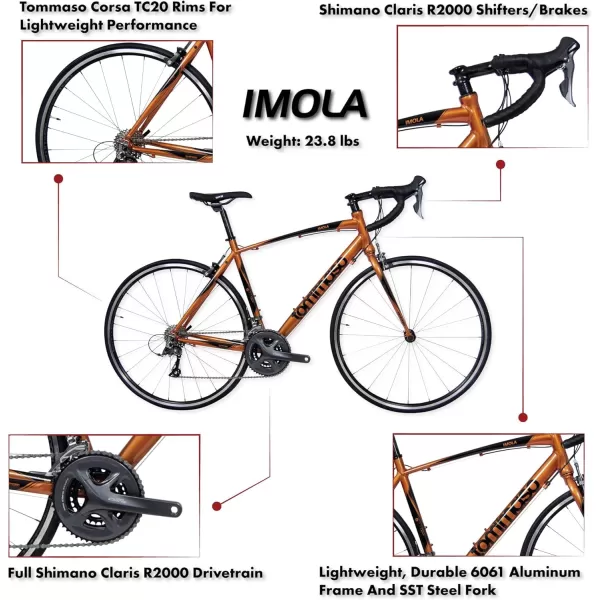 imageTommaso Imola Endurance Aluminum Road Bike Shimano Claris R2000 24 Speeds Black White Burnt OrangeBurnt Orange