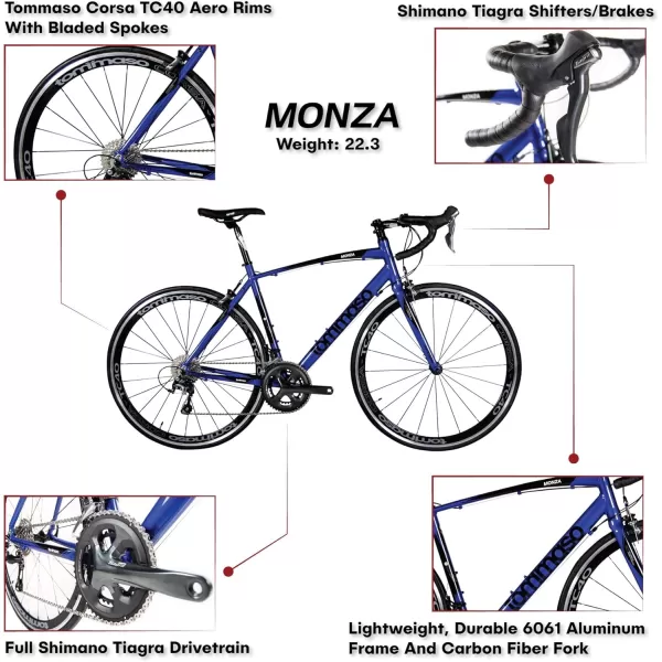 imageTommaso Monza Endurance Aluminum Road Bike Carbon Fork Shimano Tiagra 20 Speeds Aero Wheels Matte Black BlueBlue