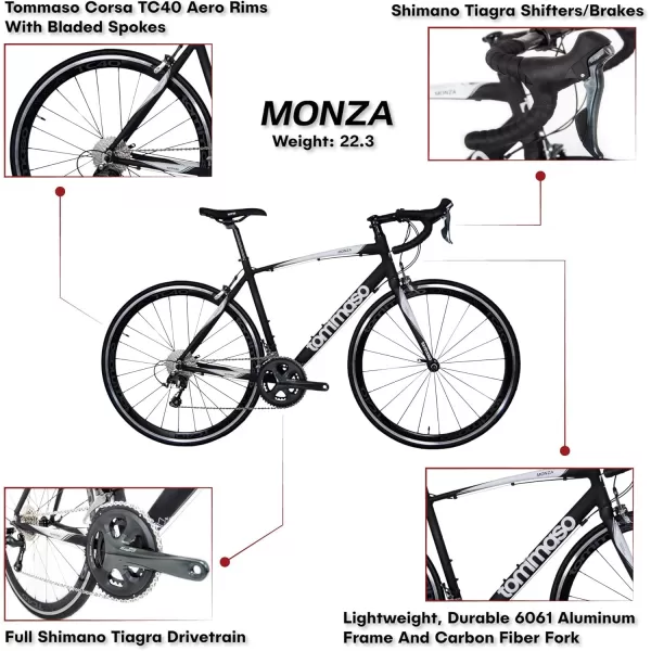 imageTommaso Monza Endurance Aluminum Road Bike Carbon Fork Shimano Tiagra 20 Speeds Aero Wheels Matte Black BlueMatte Black