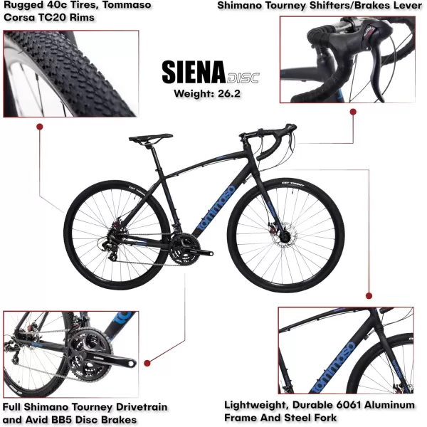 imageTommaso Siena Gravel Bike Shimano Tourney Adventure Bike with Disc Brakes Extra Wide Tires Perfect for Road Or Dirt Touring Matte Black BlueBlackBlue