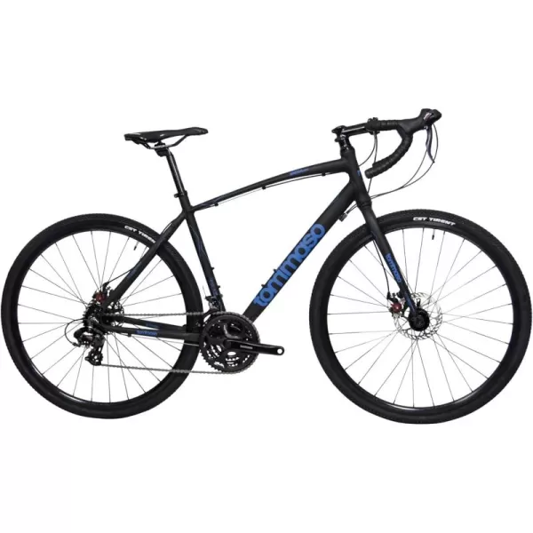 imageTommaso Siena Gravel Bike Shimano Tourney Adventure Bike with Disc Brakes Extra Wide Tires Perfect for Road Or Dirt Touring Matte Black BlueBlackBlue