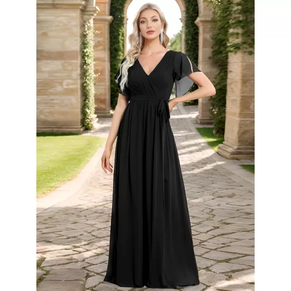 imageEverPretty Womens Bridesmaid Dress VNeck Ruffle Sleeves Ruched Bust Floor Length Chiffon Formal Dresses 0164ABlack