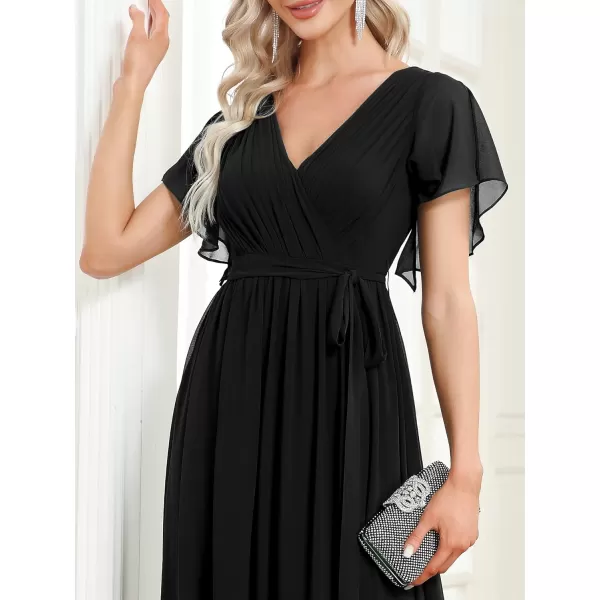 imageEverPretty Womens Bridesmaid Dress VNeck Ruffle Sleeves Ruched Bust Floor Length Chiffon Formal Dresses 0164ABlack