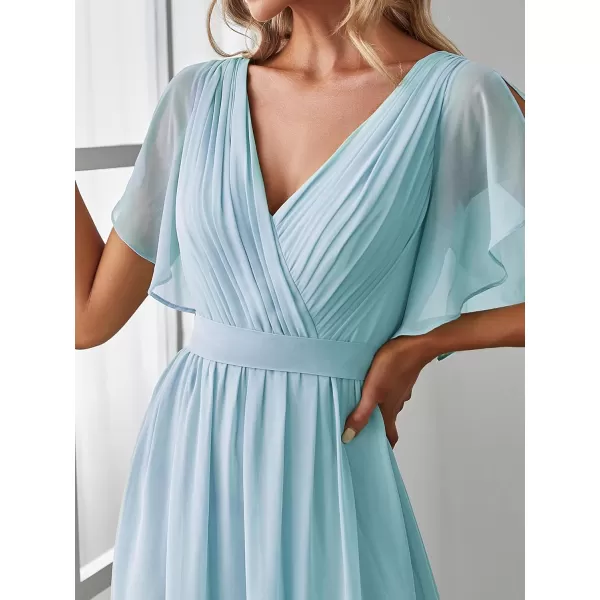 imageEverPretty Womens Bridesmaid Dress VNeck Ruffle Sleeves Ruched Bust Floor Length Chiffon Formal Dresses 0164ABlue