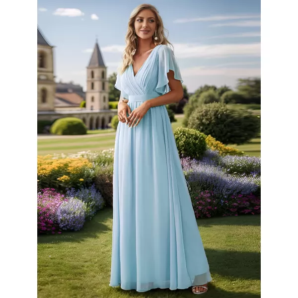 imageEverPretty Womens Bridesmaid Dress VNeck Ruffle Sleeves Ruched Bust Floor Length Chiffon Formal Dresses 0164ABlue