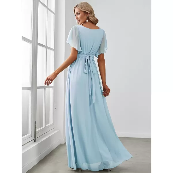 imageEverPretty Womens Bridesmaid Dress VNeck Ruffle Sleeves Ruched Bust Floor Length Chiffon Formal Dresses 0164ABlue