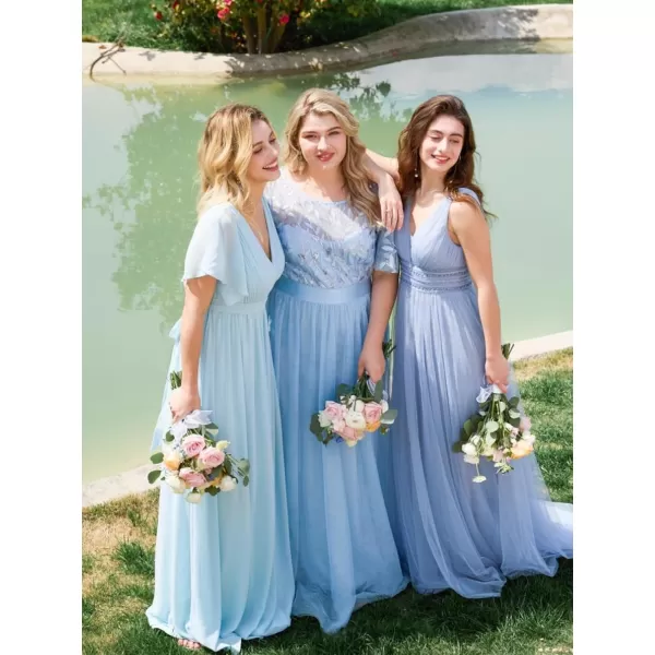 imageEverPretty Womens Bridesmaid Dress VNeck Ruffle Sleeves Ruched Bust Floor Length Chiffon Formal Dresses 0164ABlue