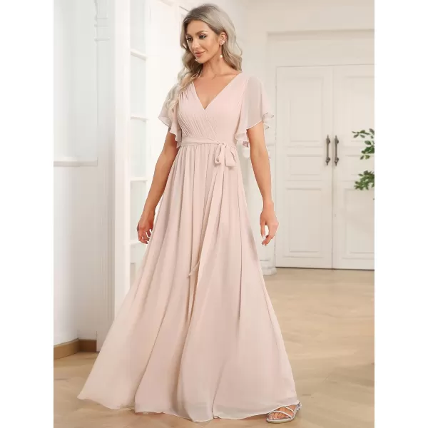 imageEverPretty Womens Bridesmaid Dress VNeck Ruffle Sleeves Ruched Bust Floor Length Chiffon Formal Dresses 0164ABlush