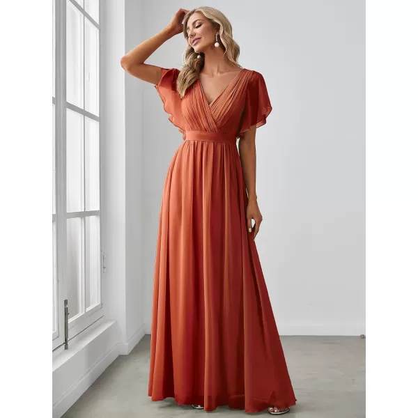 imageEverPretty Womens Bridesmaid Dress VNeck Ruffle Sleeves Ruched Bust Floor Length Chiffon Formal Dresses 0164ABurnt Orange